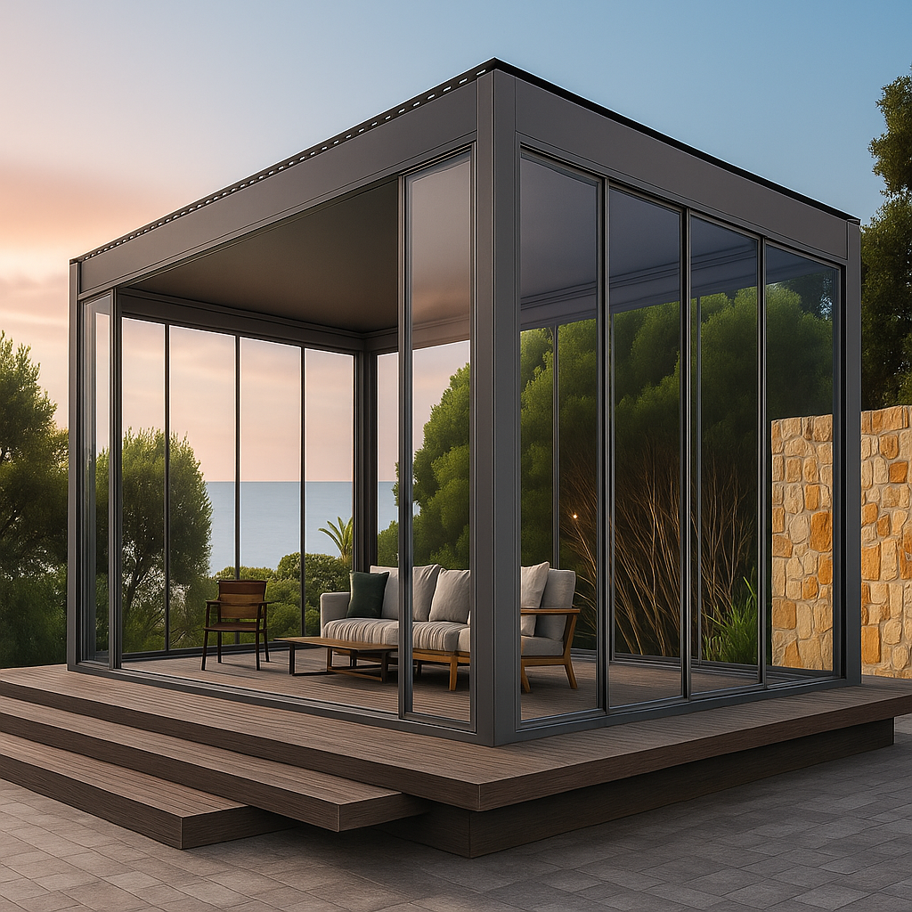 Luxury Glass Pergola Built for Year-Round Living, 10mm Sliding Panels, Insulated Roof, Dimmable LEDs