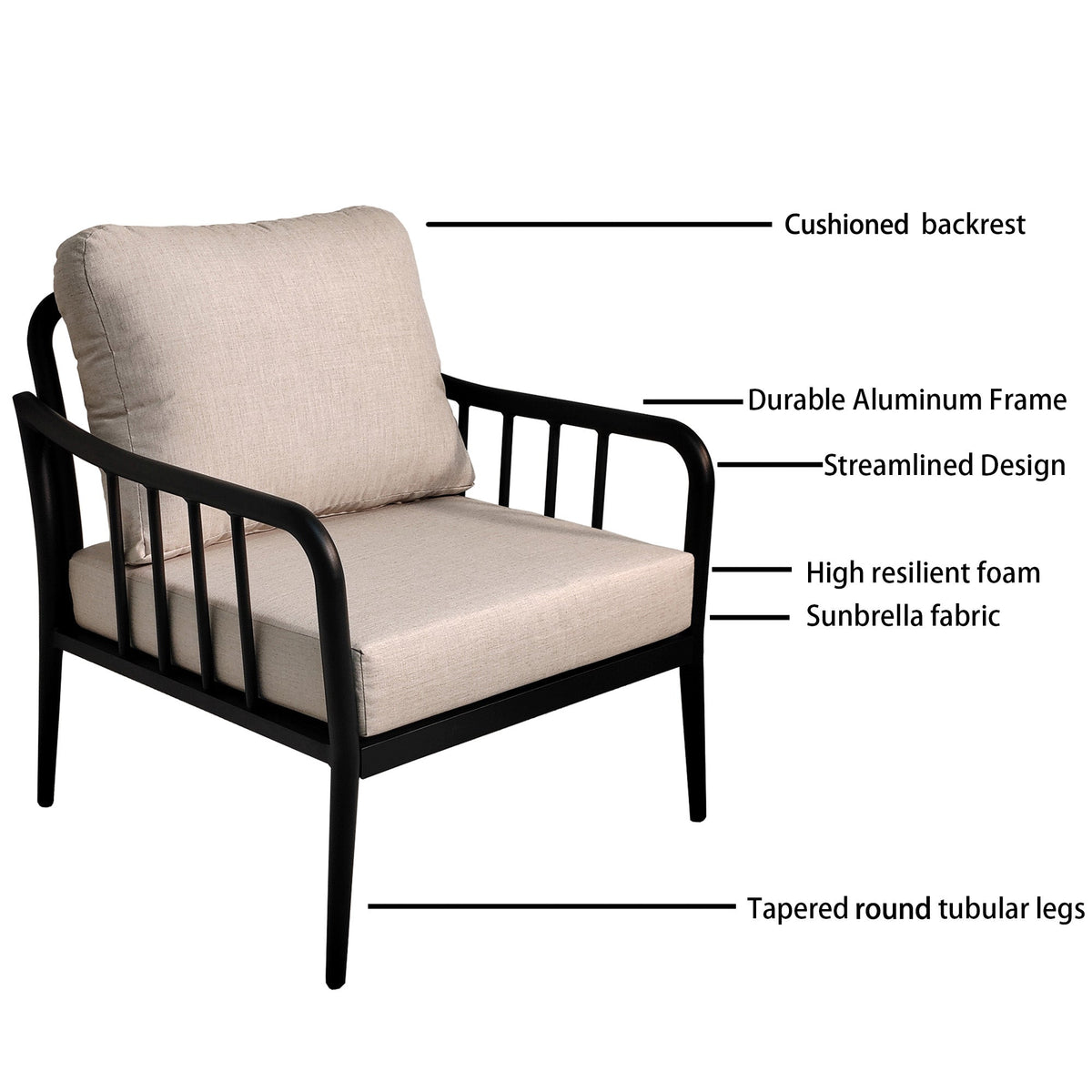 3-Piece Aluminum Outdoor Patio Conversation Set with 2 Club Chairs, Sunbrella Cushions & Sintered Stone Side Table – Ember Black