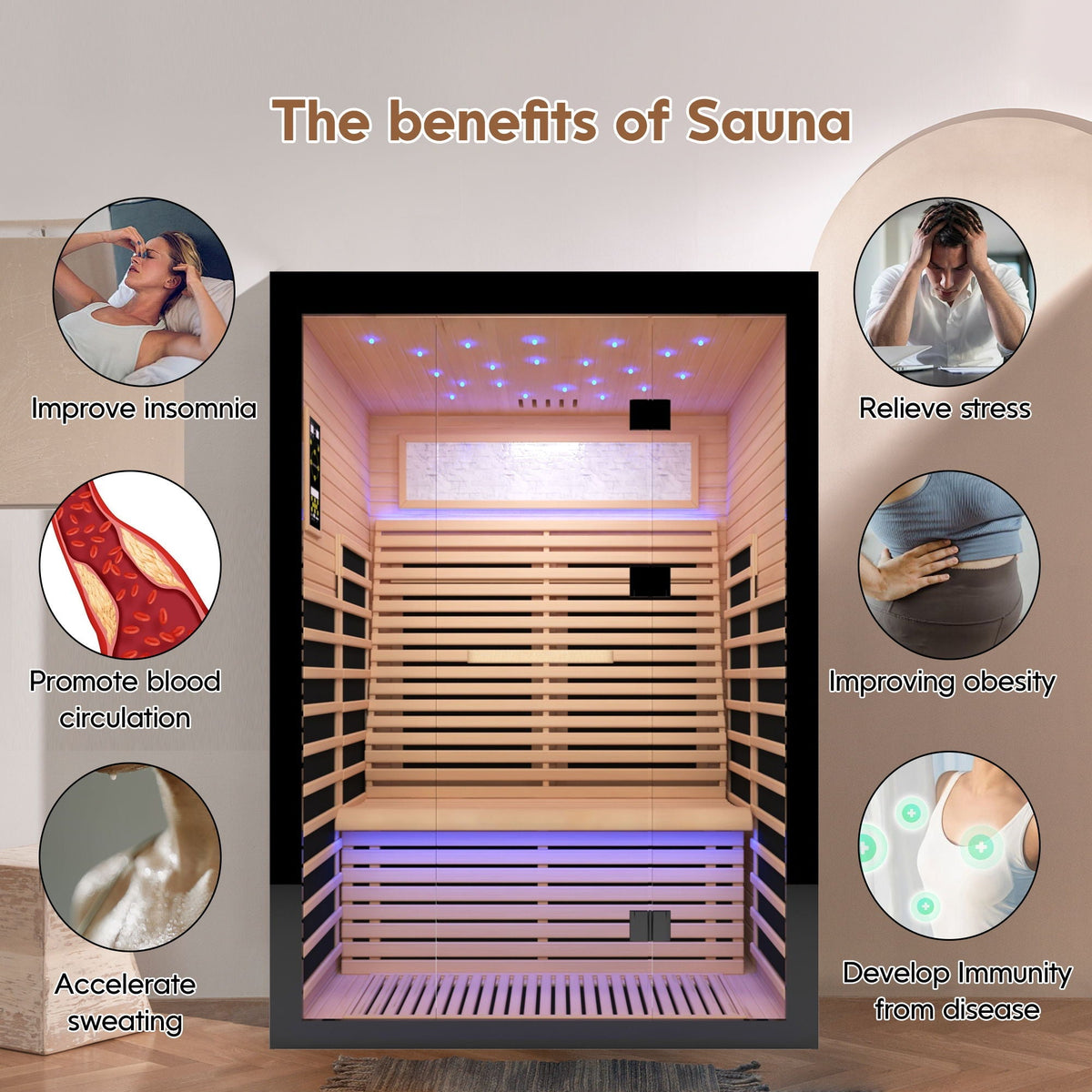 Luxury 2-Person Far Infrared Sauna Room, Hemlock Wood, 2160W, Black/Natural