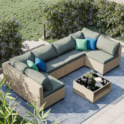 7-Piece Boho Outdoor Patio Furniture Set with Modular Sectional Sofa, Grey Cushions & Glass-Top Table