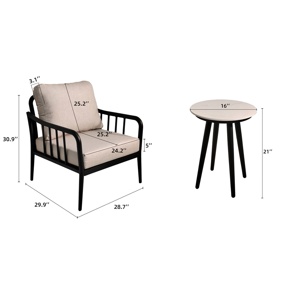 3-Piece Aluminum Outdoor Patio Conversation Set with 2 Club Chairs, Sunbrella Cushions & Sintered Stone Side Table – Ember Black