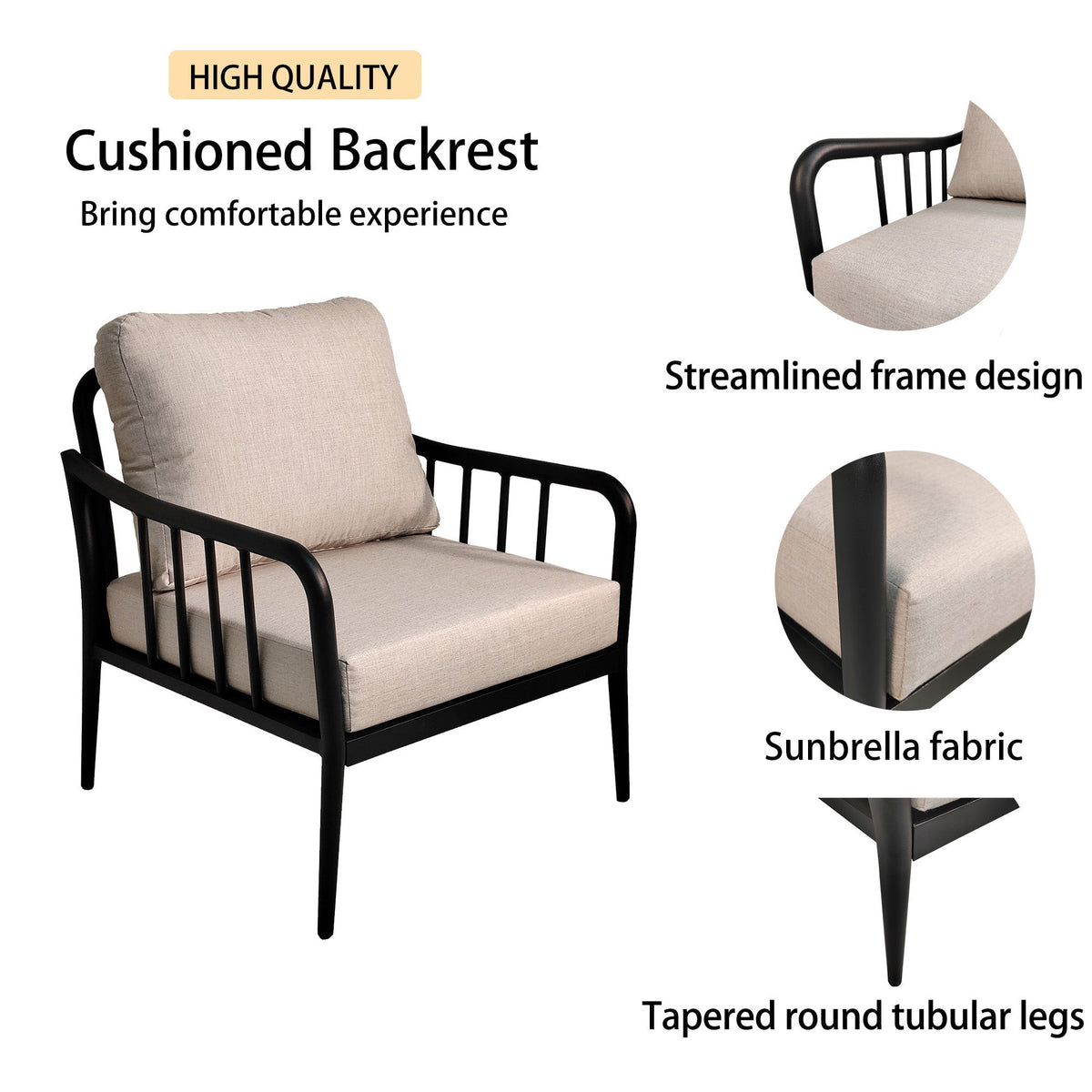 3-Piece Aluminum Outdoor Patio Conversation Set with 2 Club Chairs, Sunbrella Cushions & Sintered Stone Side Table – Ember Black