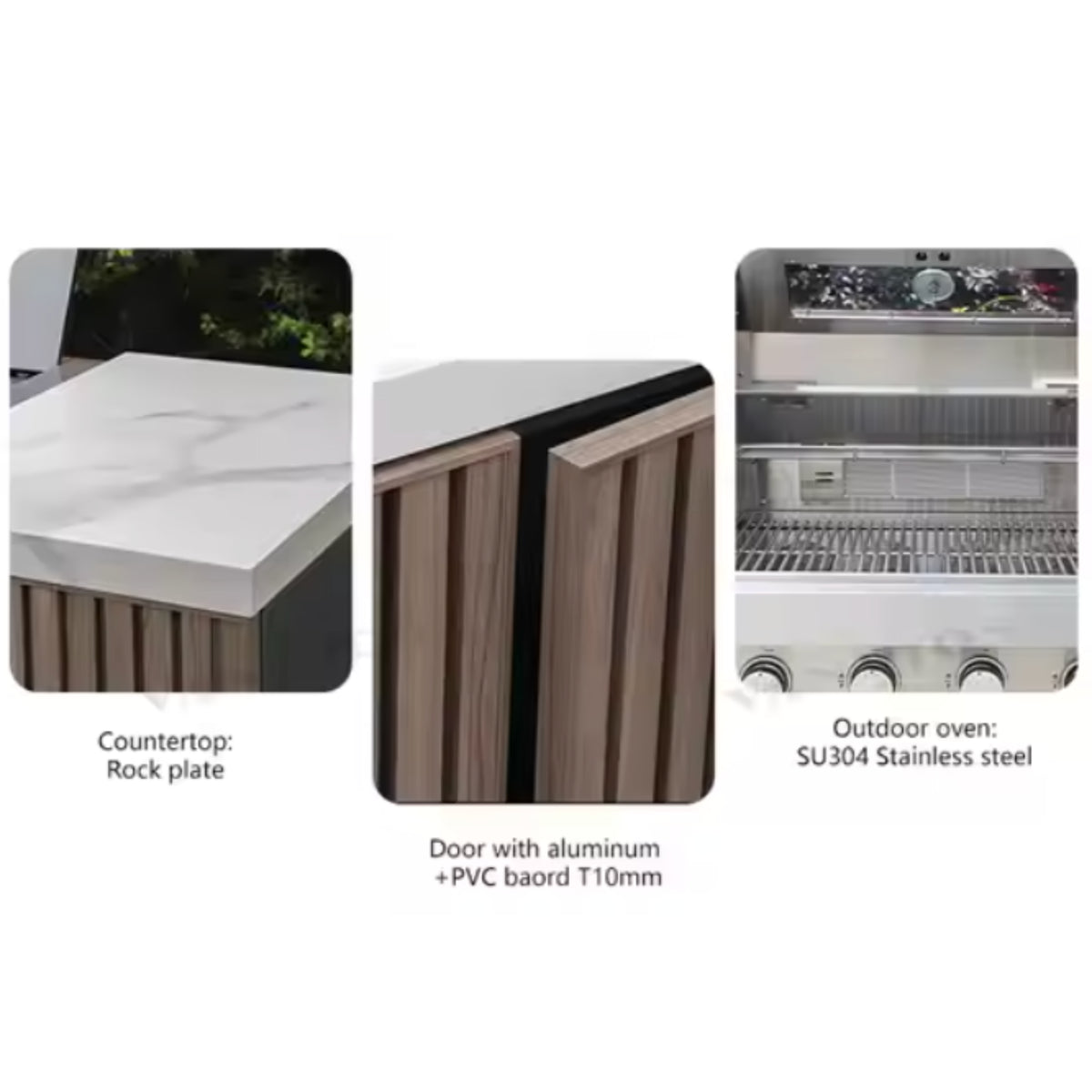 Outdoor Kitchen Island Crafted for Premium Cooking, Six-Burner Grill, Teak Wood Panels, Stainless Steel
