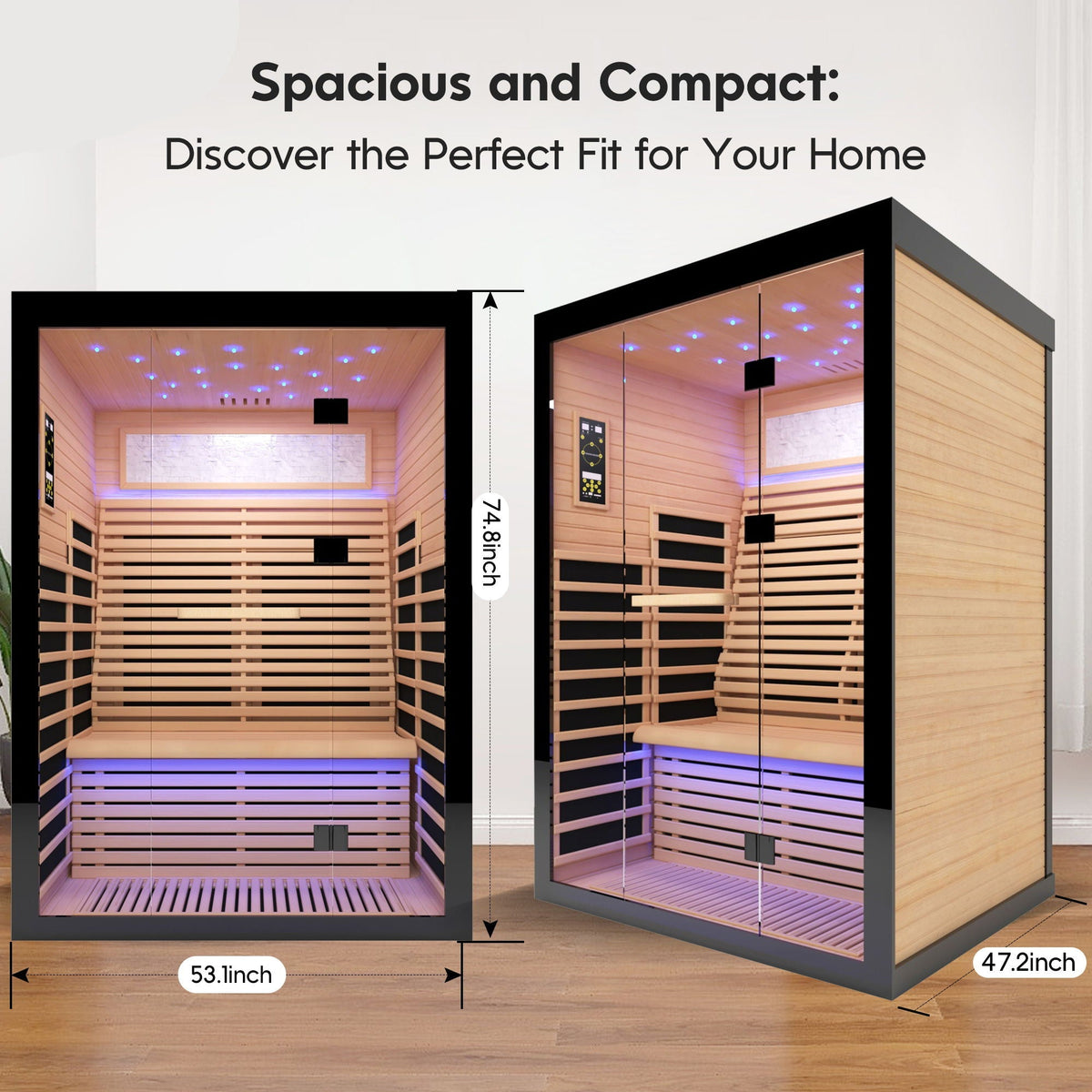Luxury 2-Person Far Infrared Sauna Room, Hemlock Wood, 2160W, Black/Natural