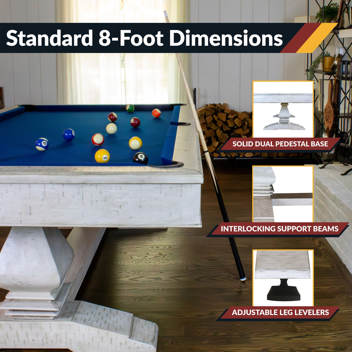 Montecito Pool Table with Blue Felt and Dual Pedestal Base