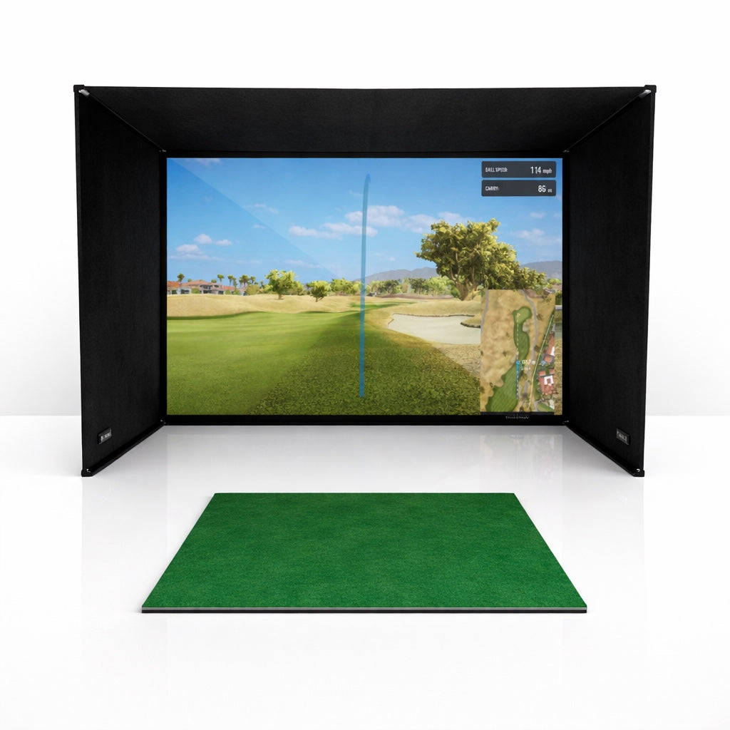 GolfBays SimBox Golf Hitting Enclosure with PRO+ Premium Impact Screen & Side Barriers
