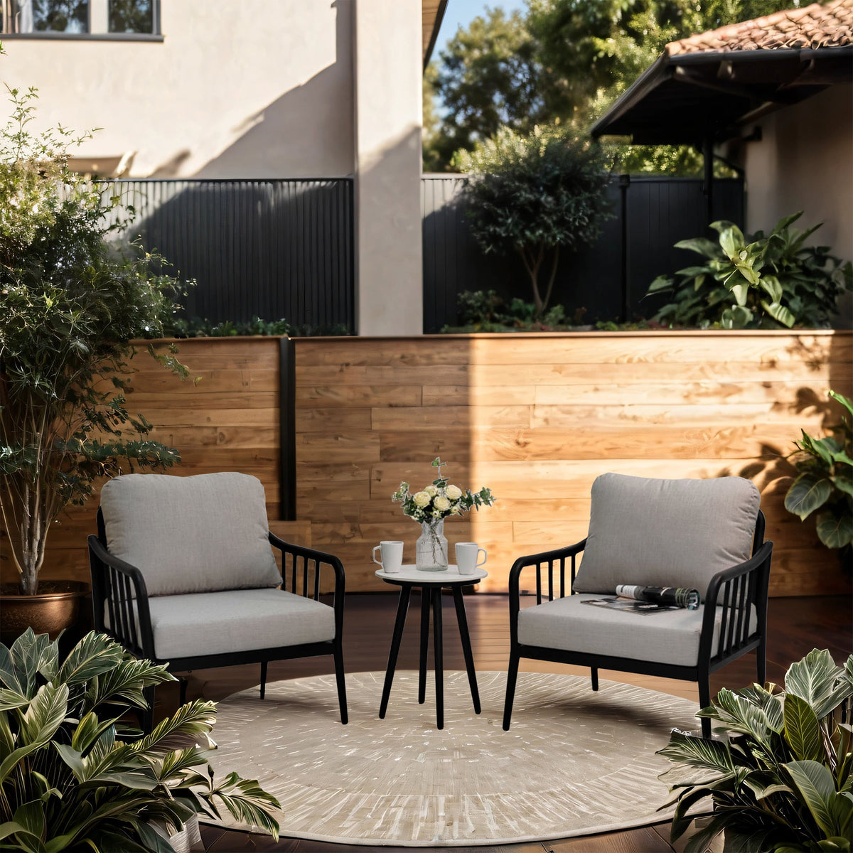 3-Piece Aluminum Outdoor Patio Conversation Set with 2 Club Chairs, Sunbrella Cushions &amp; Sintered Stone Side Table – Ember Black