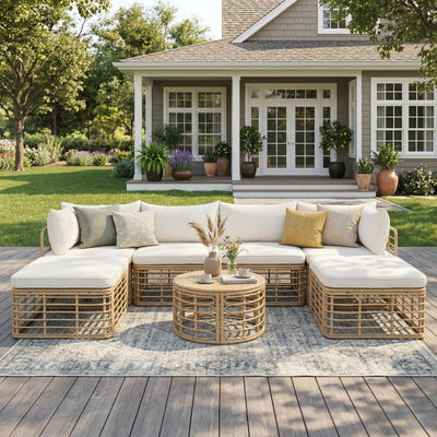 7-Piece Outdoor Patio Furniture Set with Modular Rattan Sectional Sofa, Thick Cushions &amp; Pillows – Beige