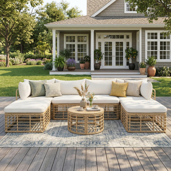 7-Piece Outdoor Patio Furniture Set with Modular Rattan Sectional Sofa, Thick Cushions &amp; Pillows – Beige