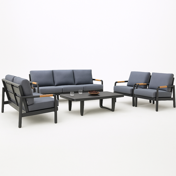 Outdoor Lounge Set Built for Premium Entertaining, Powder-Coated Aluminum Frame, Teak Accents, Seats 5-6