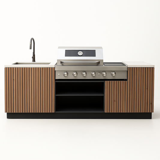 Outdoor Kitchen Island Crafted for Premium Cooking, Six-Burner Grill, Teak Wood Panels, Stainless Steel