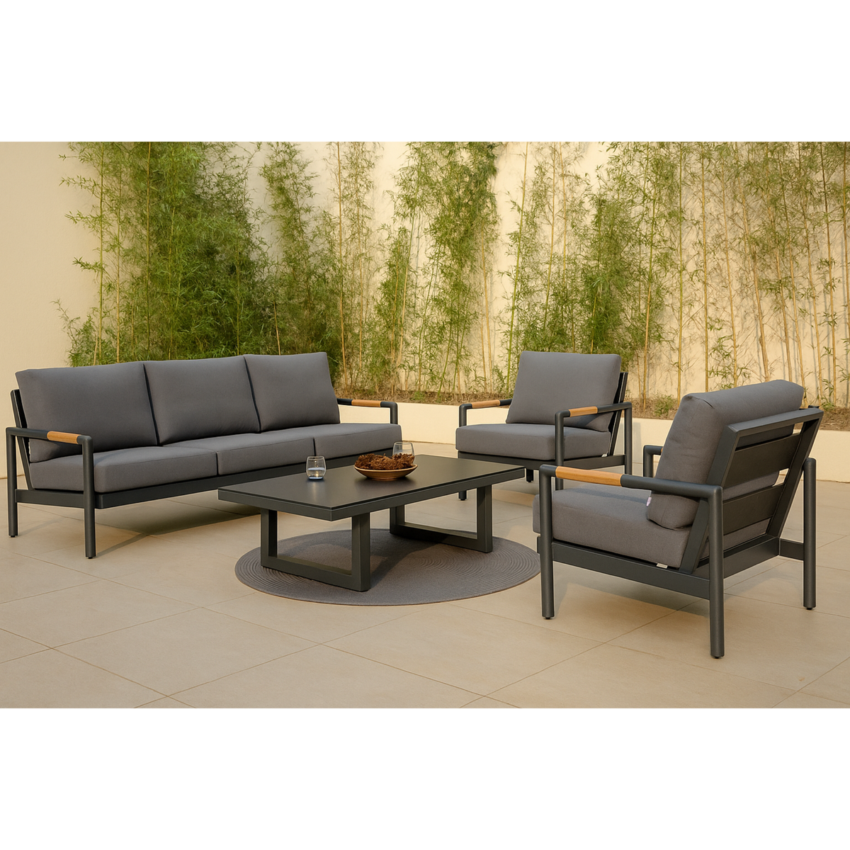 Outdoor Lounge Set Built for Premium Entertaining, Powder-Coated Aluminum Frame, Teak Accents, Seats 5-6