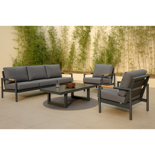 Outdoor Lounge Set Built for Premium Entertaining, Powder-Coated Aluminum Frame, Teak Accents, Seats 5-6