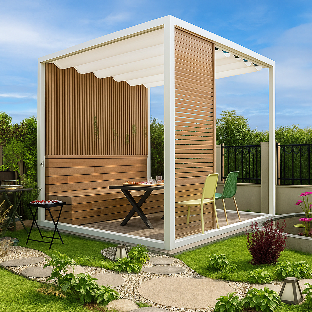Outdoor Pergola Built for Modern Terraces, Powder-Coated Aluminum Frame, Retractable Wave Canopy, 320cm Square