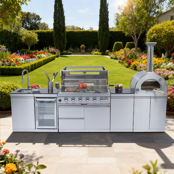 Stainless Steel Outdoor Kitchen Grill Island with Pizza Oven &amp; Refrigerator