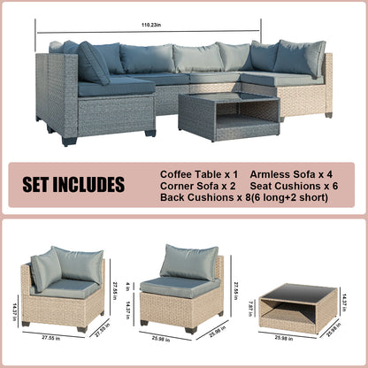 7-Piece Boho Outdoor Patio Furniture Set with Modular Sectional Sofa, Grey Cushions &amp; Glass-Top Table
