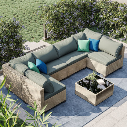 7-Piece Boho Outdoor Patio Furniture Set with Modular Sectional Sofa, Grey Cushions &amp; Glass-Top Table