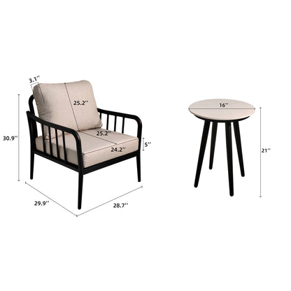 3-Piece Aluminum Outdoor Patio Conversation Set with 2 Club Chairs, Sunbrella Cushions &amp; Sintered Stone Side Table – Ember Black