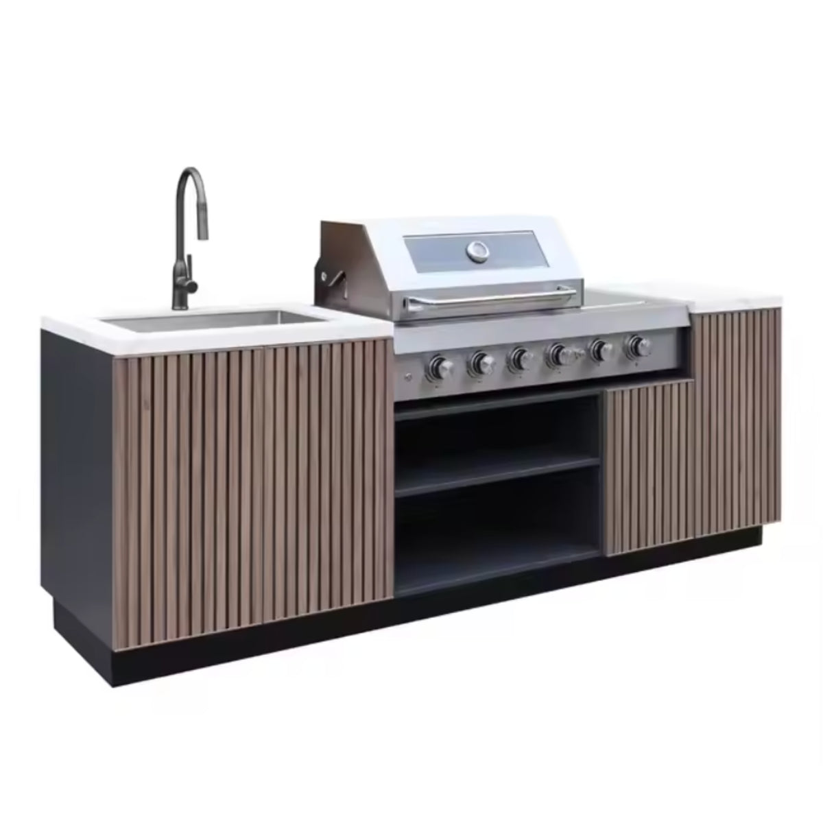 Outdoor Kitchen Island Crafted for Premium Cooking, Six-Burner Grill, Teak Wood Panels, Stainless Steel