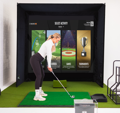 GolfBays SimBox Golf Hitting Enclosure with PRO+ Premium Impact Screen &amp; Side Barriers