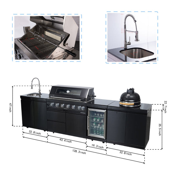 Black Stainless Steel Outdoor Kitchen Grill Island with 6-Burner Gas Grill, Kamado and Refrigerator
