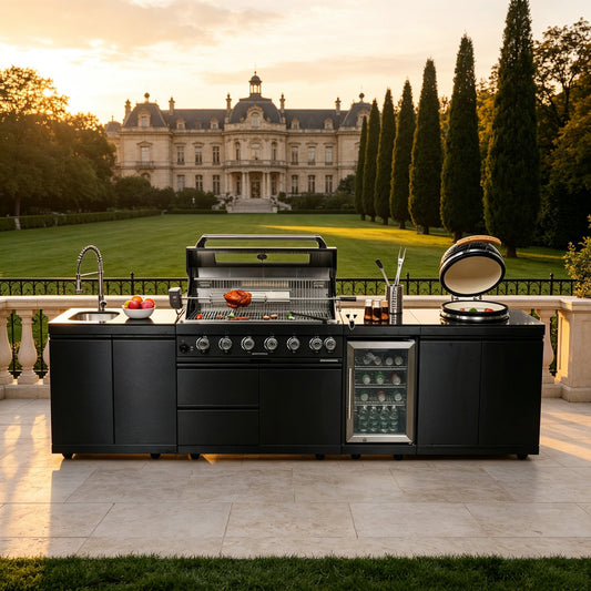Black Stainless Steel Outdoor Kitchen Grill Island with 6-Burner Gas Grill, Kamado and Refrigerator