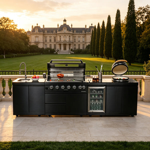 Black Stainless Steel Outdoor Kitchen Grill Island with 6-Burner Gas Grill, Kamado and Refrigerator