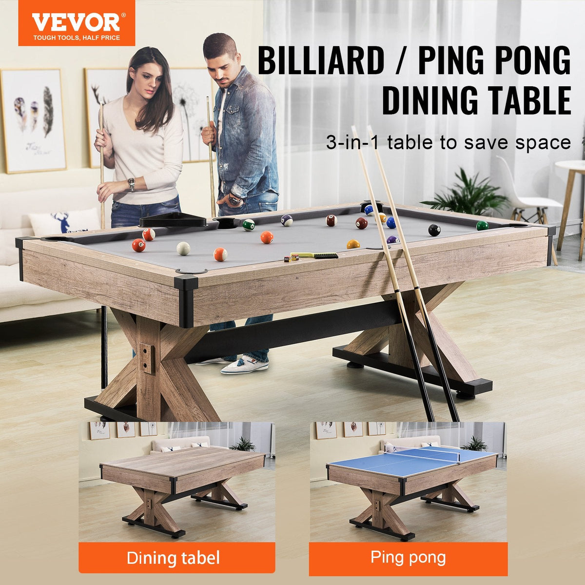 3-in-1 Billiard Pool Table, Table Tennis Table and Dining Table