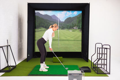 GolfBays SimBox Golf Hitting Enclosure with PRO+ Premium Impact Screen &amp; Side Barriers