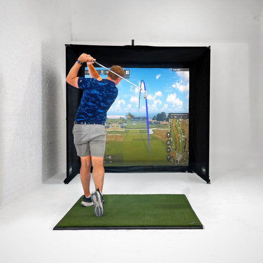 GolfBays SimBox Golf Hitting Enclosure with PRO+ Premium Impact Screen &amp; Side Barriers