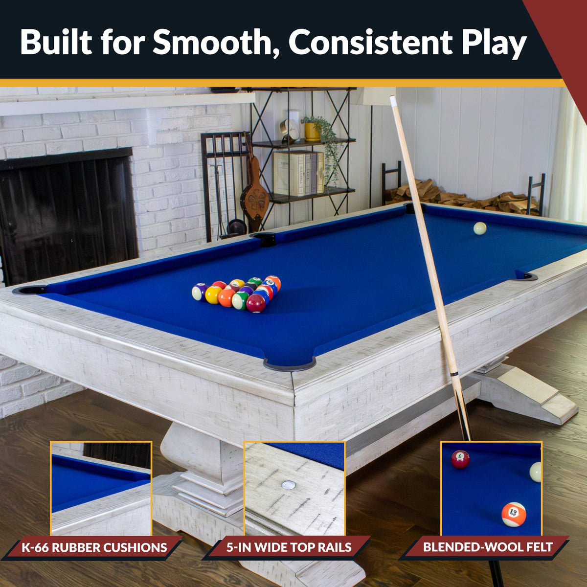 Montecito Pool Table with Blue Felt and Dual Pedestal Base